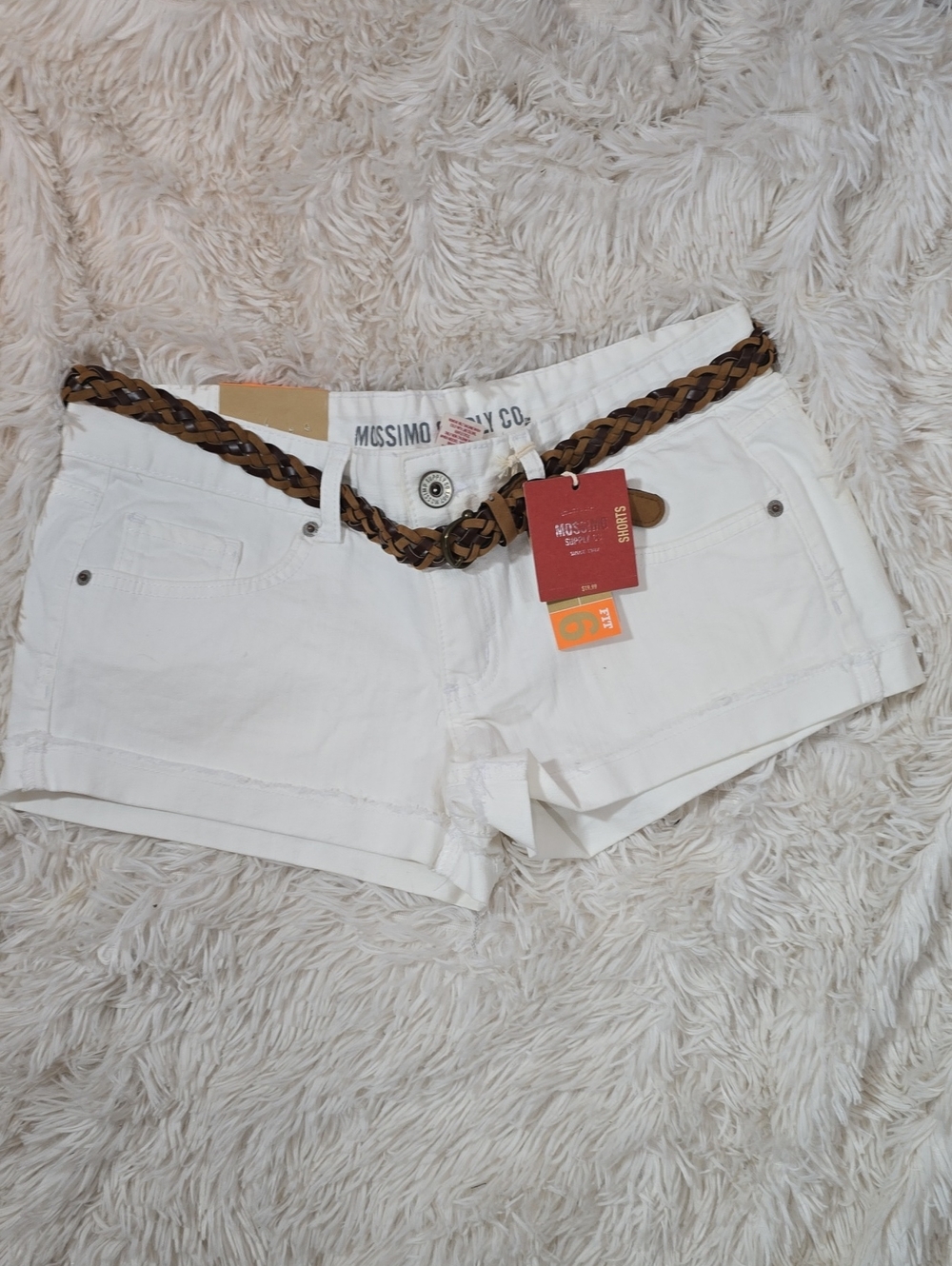 Mossimo Supply Co. White Denim Shorts with Braided Tan/Brown Belt Size 13 NWT